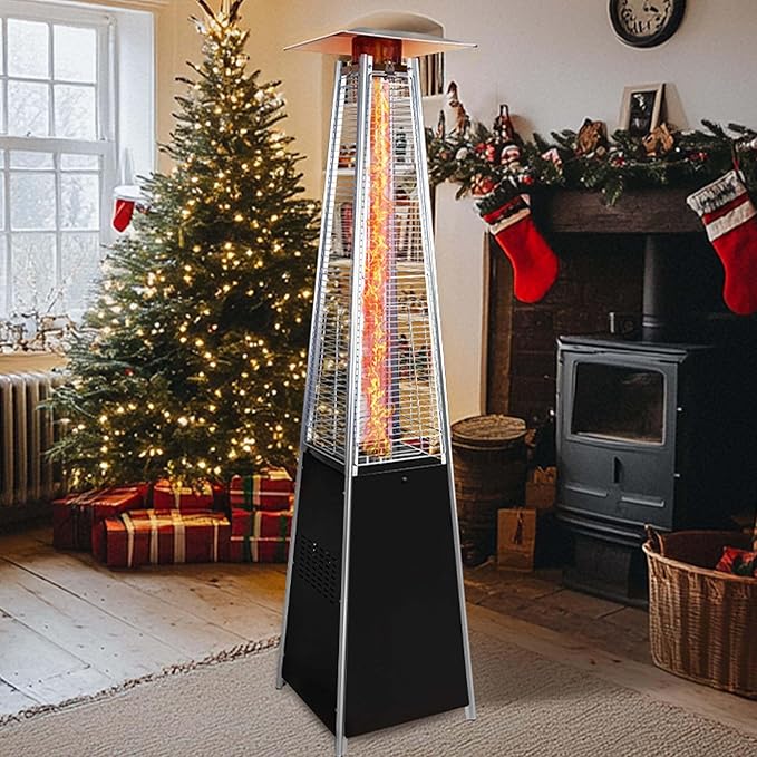 【48,000 BTU Pyramid Patio Heater】Outdoor Propane Heater with Wheels & Cover, 360° Heating for Terrace Garden Poolside, Commercial Residential Use, Stainless Steel Glass Tube Design (Black+Silver)