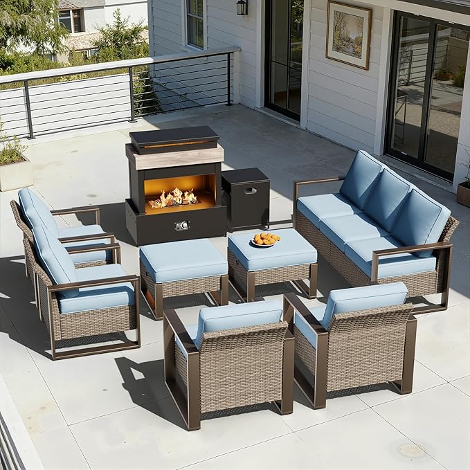 8 Pieces Metal Wicker Patio Furniture Set - 75" Sofa, Four Armchairs and Two Ottomans, One Fireplace All Weather Rattan Outdoor Conversation Furniture with Washable Cushion for Deck Porch, Baby Blue