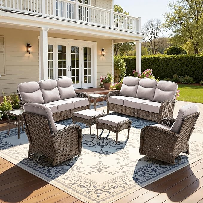 8-Piece Luxury Patio Furniture Set with 6-inch Thick Cushion,Outdoor Wicker Sofa Couch Set of 2 & Swivel Rocker Chairs, Conversation Set for Poolside, Deck & Yard - Beige