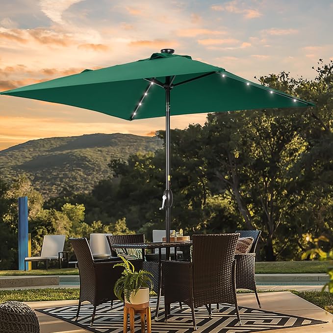 Square Patio Umbrella With Solar Lights, 6.5x6.5ft Square Umbrella Outdoor Patio with Tilt and Crank for Pool, Deck, Garden,Backyard
