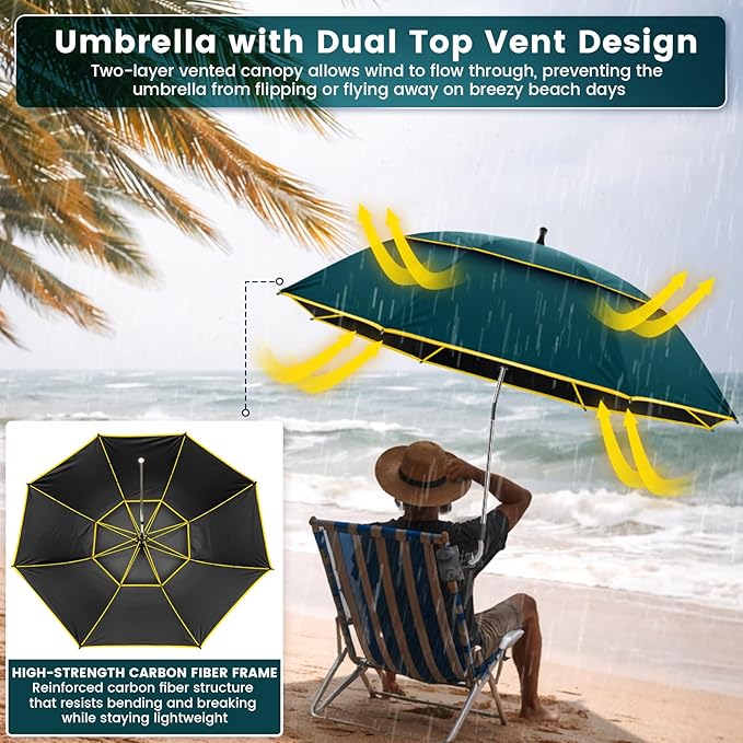 Chair Umbrella with Clamp,2PACK 53 inches Double Canopy Beach Chair Umbrella with Universal Clamp,50+ UV Protection,360° Swivel,Folding Clip on Sun Umbrellas for Table,Camping,Bench Chairs,Golf Cart