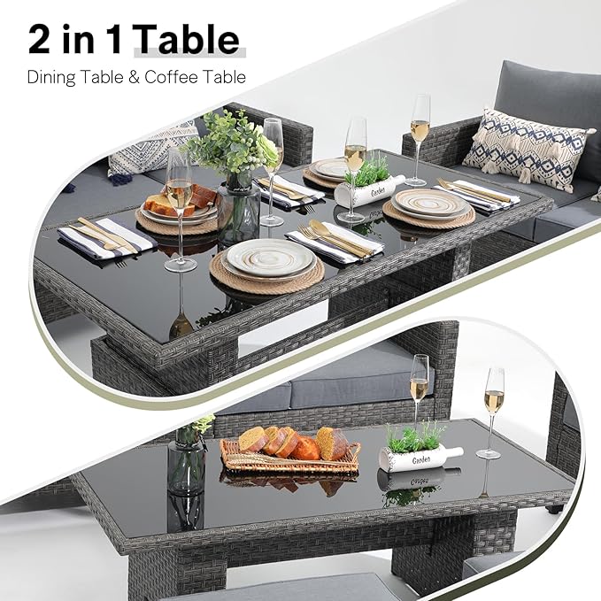 SUNSITT Outdoor Patio Furniture Set 7 Piece Wicker Conversation Set with Lift Coffee Table Sectional Dining Set 3 Seat Sofa Couch with Loveseat Ottoman, Grey Wicker & Grey Cushion