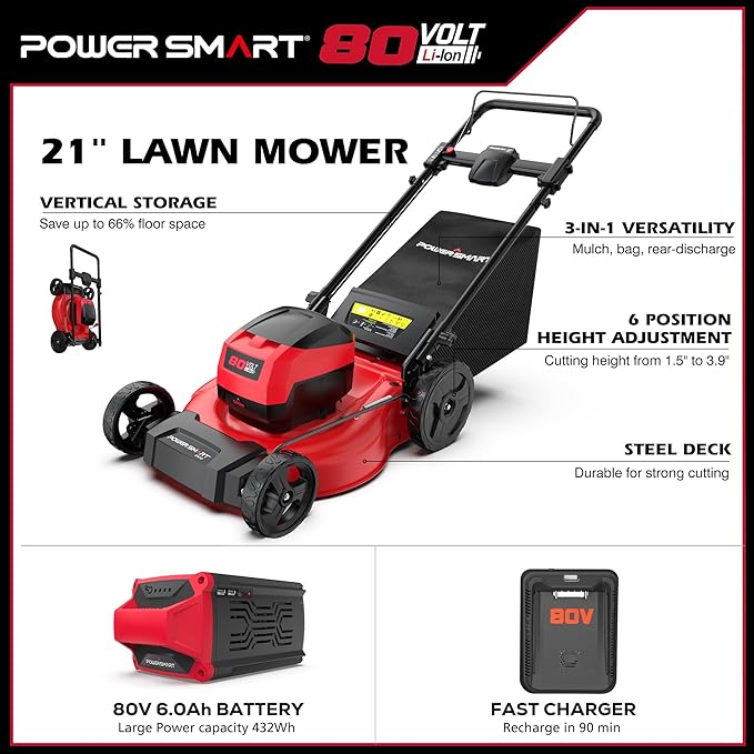 Powersmart 80V 21" Brushless Cordless Lawn Mower (Push) Battery Lawn Mower with 6.0Ah Battery and Charger 2026 Version