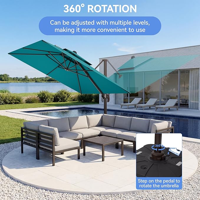 10x10FT Turquoise Cantilever Outdoor Patio Umbrella with Base, Large Square Offset Design, Double Top Heavy Duty Aluminum Frame & 360° Rotation for Pool Garden Deck Backyard