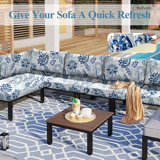 CALBODE 8pcs Floral Printed Stretchy Sofa Cushion Covers for Outdoor Furniture, Sofa Seat Replacement Cover, Flexible Chair Cushion Cover for Porch Garden Furniture Protection(Cover Only)