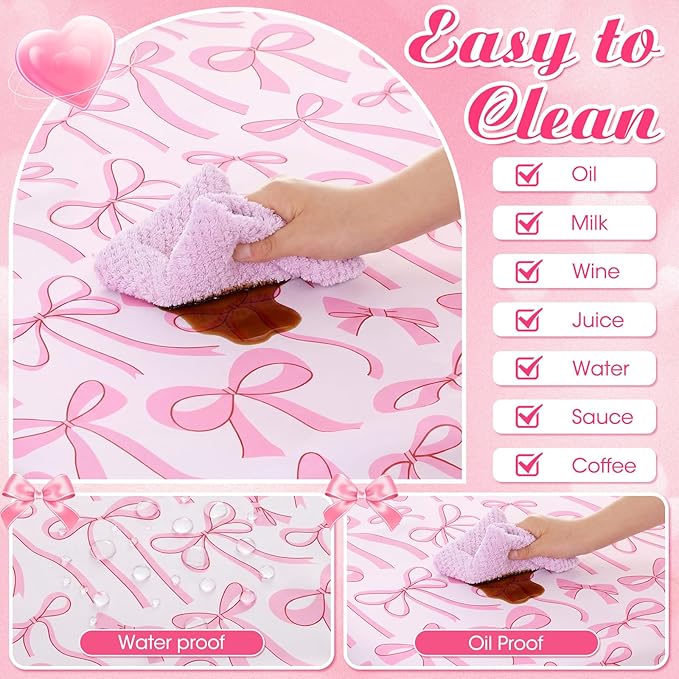 SmoothNovelty Pink Bow Picnic Table Cover with Bench Covers for 6 ft Tables, Fitted Elastic Polyester Waterproof Camping Tablecloth for Women Birthday Party Supplies Cute Patio Picnic BBQ Decor
