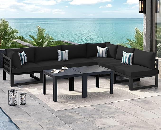 NICESOUL 6 Person Modern Aluminum Patio Furniture Set, 500 lbs Heavy Duty Sturdy Outdoor Sectional Sofa, 29" Deep Wide Oversized Seating, L Shaped Modular Conversation Couch for Garden Backyard, Black