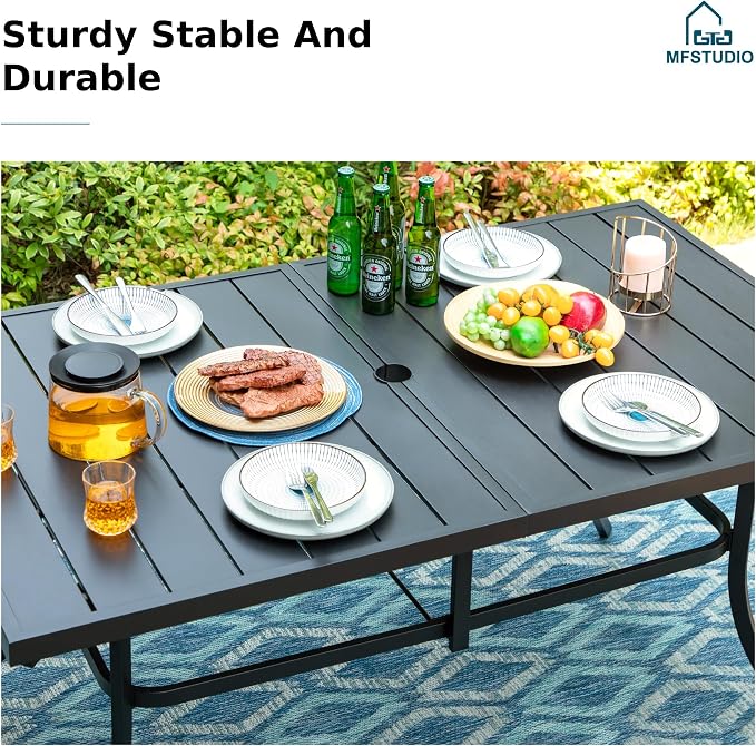 MFSTUDIO 7 Pieces Patio Dining Set for 6, 60" Rectangular Metal Table & Wicker Chairs, Outdoor Dining Furniture Table and Chairs for Backyard, Porch
