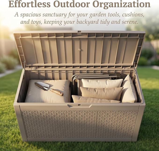 102 Gallon Outdoor Storage Box, Resin Deck Box Waterproof & Lockable, Patio Cushion Storage Bench for Garden, Pool, Furniture & Tools, UV Resistant Heavy Duty, Gray Brown