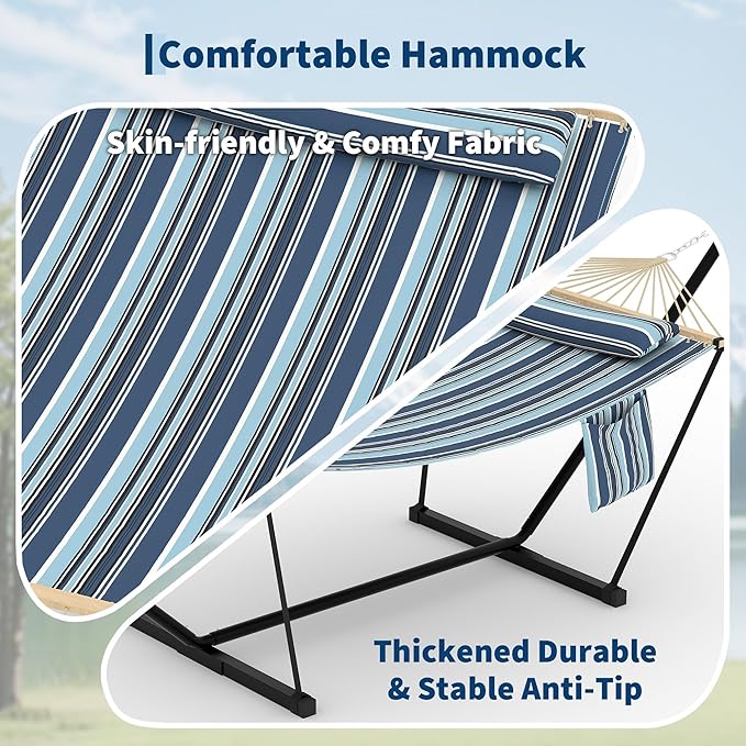 Double Hammock with Stand - Heavy Duty Portable 2 Person Design with Adjustable Steel Stand, Max 450LBS, Ideal for Outdoor Patio, Garden, Beach & Backyard