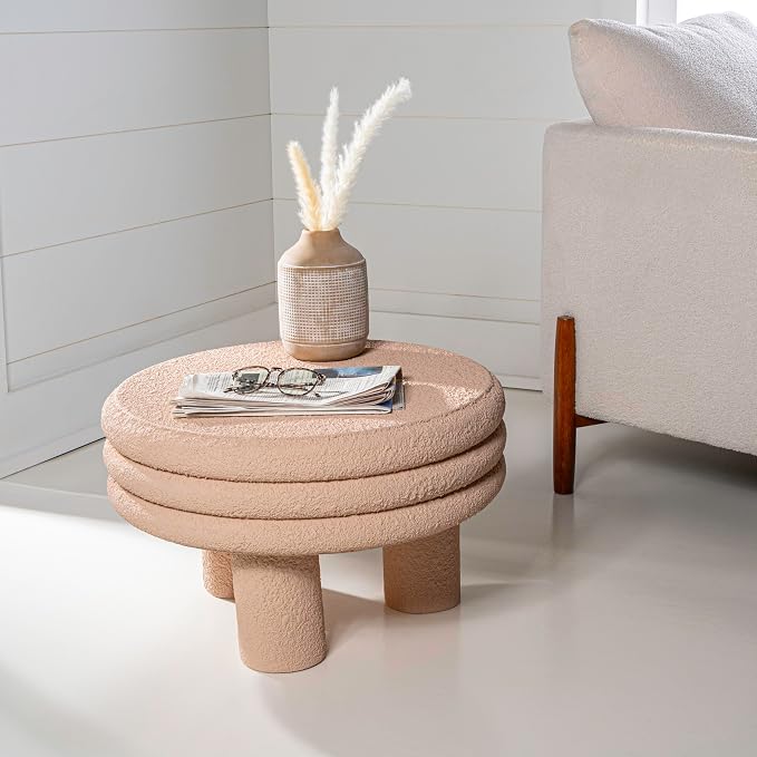 JONATHAN Y Rashida 13.5" Modern Round Polyresin Indoor Outdoor Accent Coffee Table, Weather Resistant Low Table with Chunky Ribbed Stacked Ring Design and Tripod Pillar Base, Pink Frosted TBL1105A