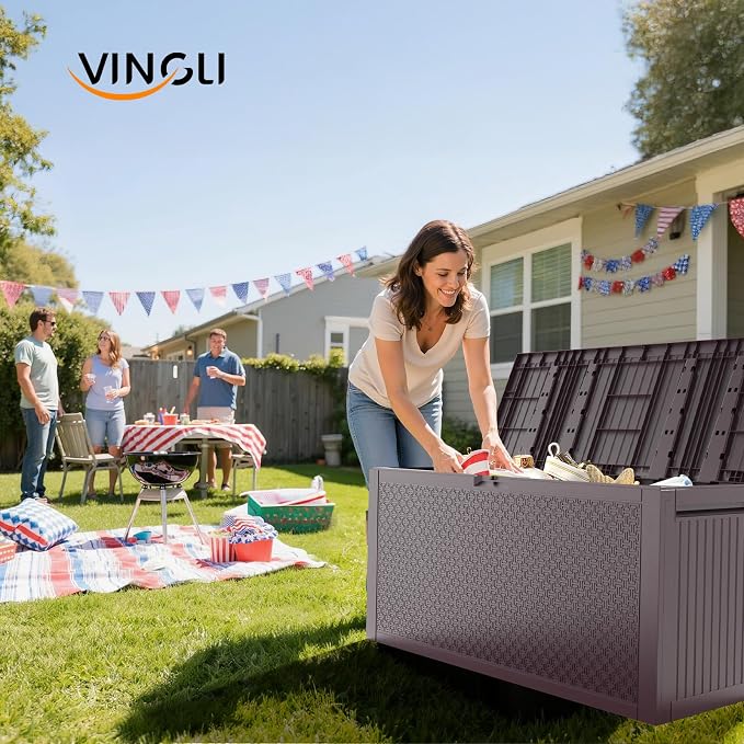 VINGLI 90 Gallon Outdoor Storage Box, Lockable Plastic Storage Containers with Lid, Patio Deck Box Furniture for Garden, Pool, Balcony, Yard (Brown)