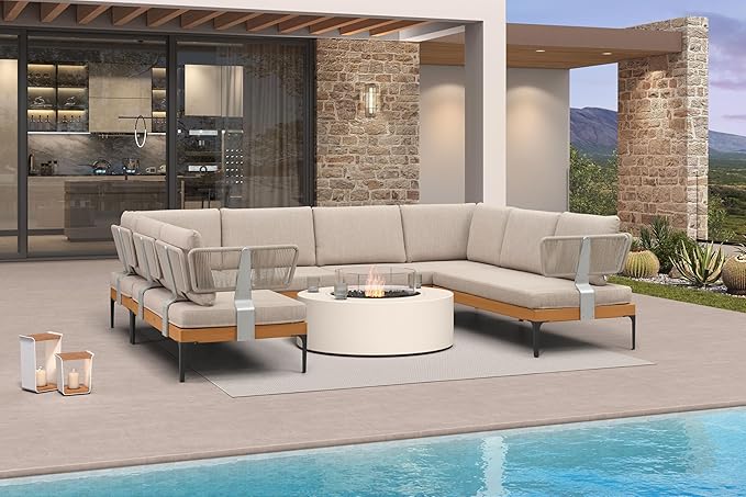PURPLE LEAF Patio Furniture Set Outdoor Sectional Sofa with Removable Cushions and Pillows Wicker 8 Piece U-Shaped Couch Modern Conversation Sets for Balcony Yard Garden Poolside, Oatmeal Greige