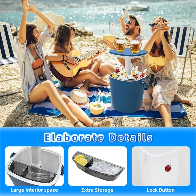 Portable Outdoor Ice Cooler Bar, 15-Can Blue Multifunctional Side Table with Snack Tray, Hidden Bottle Opener & Food Clips, Lightweight for Indoor/Patio Use, Camping, Poolside, Party