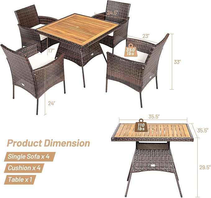 Tangkula 5 Pieces Wicker Patio Dining Set, Outdoor Acacia Wood Dining Furniture with 4 Armrest Chairs & 1 Dining Table, Rattan Conversation Set with Cushions & Umbrella Hole for Backyard Garden Porch