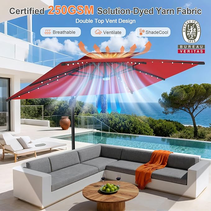 Aegis Pro 10' X 10' Cantilever Umbrella with Built-In LED Lights, Reinforced Aluminum Ribs & Pole, 360-Degree Rotation, Includes Cover for Garden Deck Pool Patio