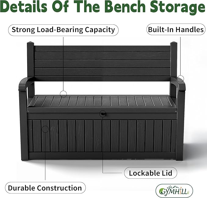 80 Gallon Outdoor Storage Bench Spacious Storage Box Waterproof Resin Deck Box Lockable for Patio, Garden, Living Room & Outdoor Spaces（Black）