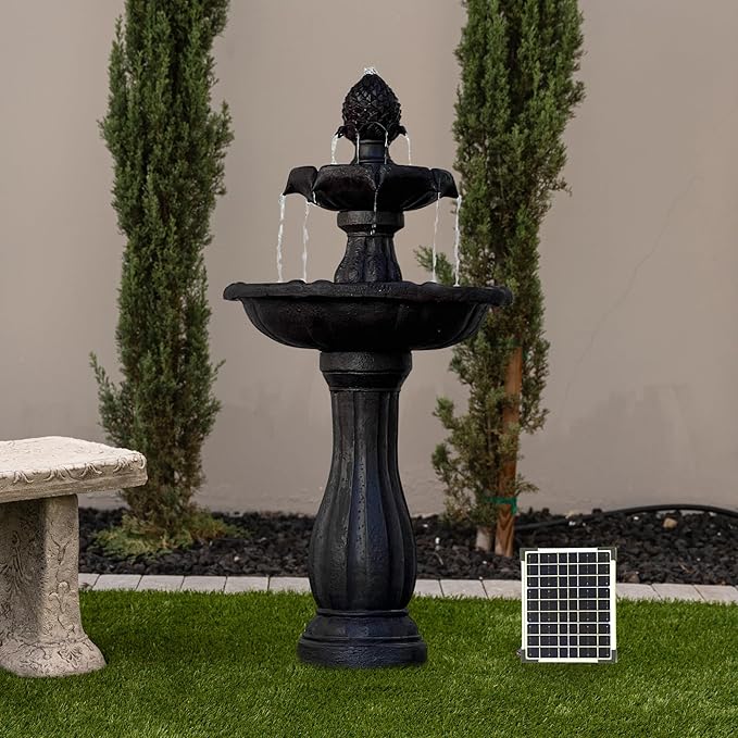 XBrand 44" Solar Outdoor Water Fountain 2-Tier Fiberglass/Resin with Solar Panel Pump, Auto Shut-Off, Weather-Resistant, Dark Brown