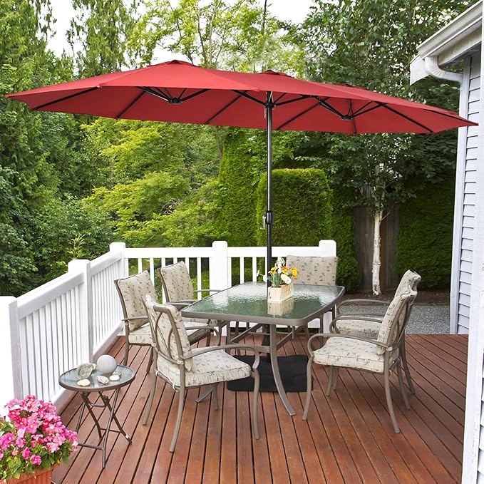 Tangkula 15FT Double-Sided Patio Umbrella with Base, Extra-Large Market Umbrella W/Crank System, Outdoor Twin Umbrella W/ 12-Rib Metal Structure & Air Vents for Garden, Backyard, Poolside (Burgundy)