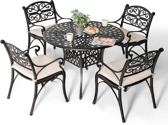 NUU GARDEN 5 Piece Cast Aluminum Outdoor Patio Dining Set, Round Patio Dining Table with 2.24" Umbrella Hole and 4 Patio Dining Chairs with Cushions for Garden, Balcony, Bronze and Beige