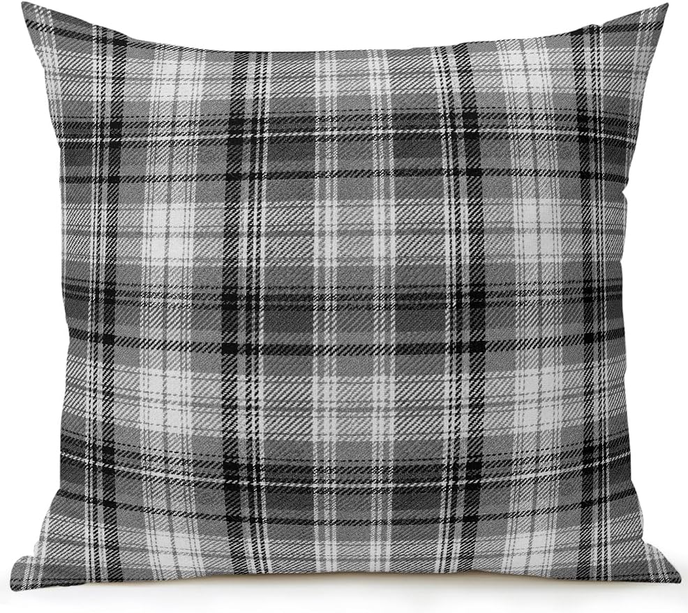 Waterproof Outdoor Pillow 1 Pack Gray Checked Plaid Decorative Throw Pillows Cover & Insert 16x16 Inch Pillowcase Stripes Woven Grid Square Pillows for Couch Sofa Bed Patio Furniture Indoor Outdoor