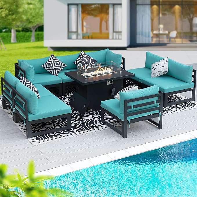 BULEXYARD 9 Piece Large Modern Aluminum Outdoor Patio Furniture Set with Fire Pit Table Propane/Gas, 29 inch Wide Deep Seat, Anti-Rust Comfy Sectional Sofa, 500 lbs Sturdy Conversation Set, Turquoise