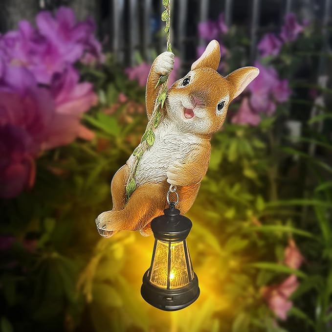 Joliyoou Easter Yard Décor, 6.9" H Resin Rabbit Climbing On A 23.6" L Vine with Solar LED Light, Waterproof Hanging Bunny Figurine Outdoor Statues with Hook for Garden Wall Balcony Tree Decoration