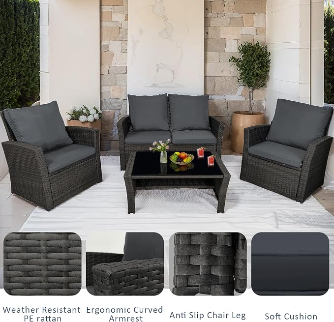 4 Piece Patio Furniture Set, All-Weather Wicker Sectional Conversation Set with Tempered Glass Table & Cushioned Sofa,Outdoor Sofa for Garden, Porch, Backyard (Black-Gray)