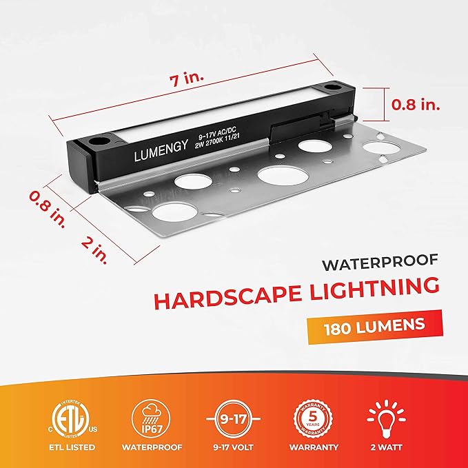 LUMENGY 7 Inch 2W LED Hardscape Light, 2700K Warm White, Easy Replaceable Feature, Includes 3 Mounting Plates for Outdoor Steps, Retaining Walls and Paver Steps, 12V, Black Finish