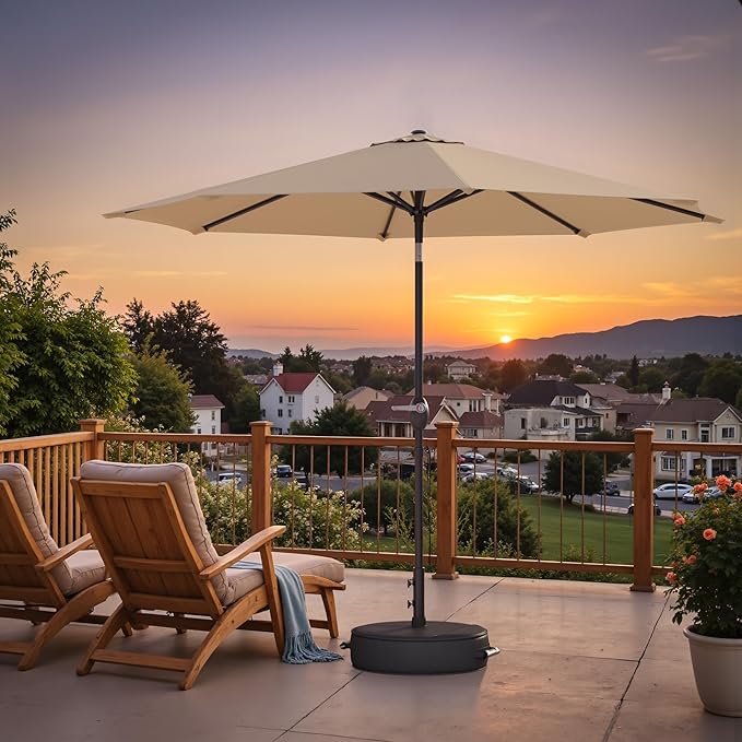 Greesum Outdoor Patio Umbrella with Base, Table Umbrella with 8 Sturdy Ribs, Push Button Tilt and Crank, Market Table Parasol for Garden, Lawn, Backyard & Pool, Beige