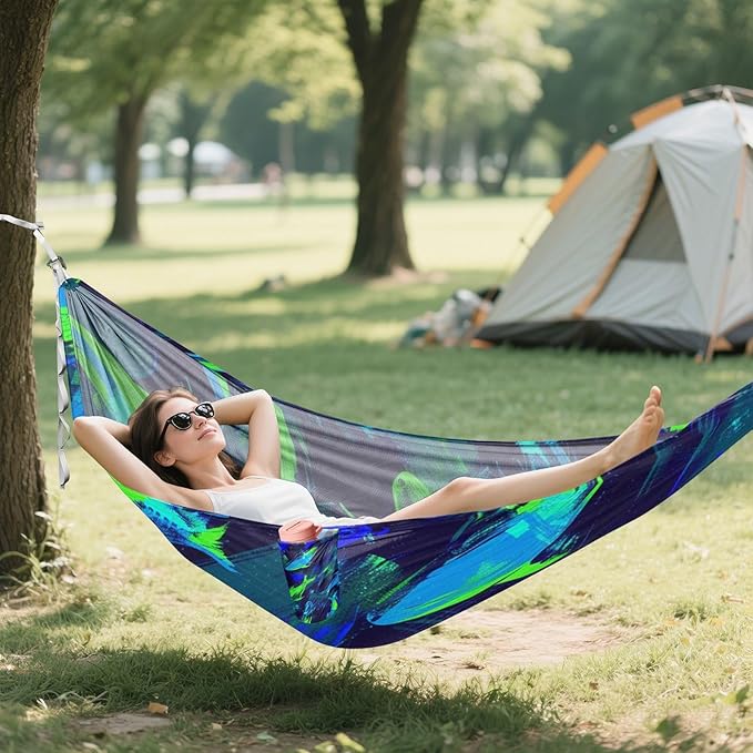 Neon Blue and Dark Green Fish 330lb Capacity Outdoor Hammock with Hanging Rope Portable Hammock for Outside Beach Patio Garden hamaca para adultos