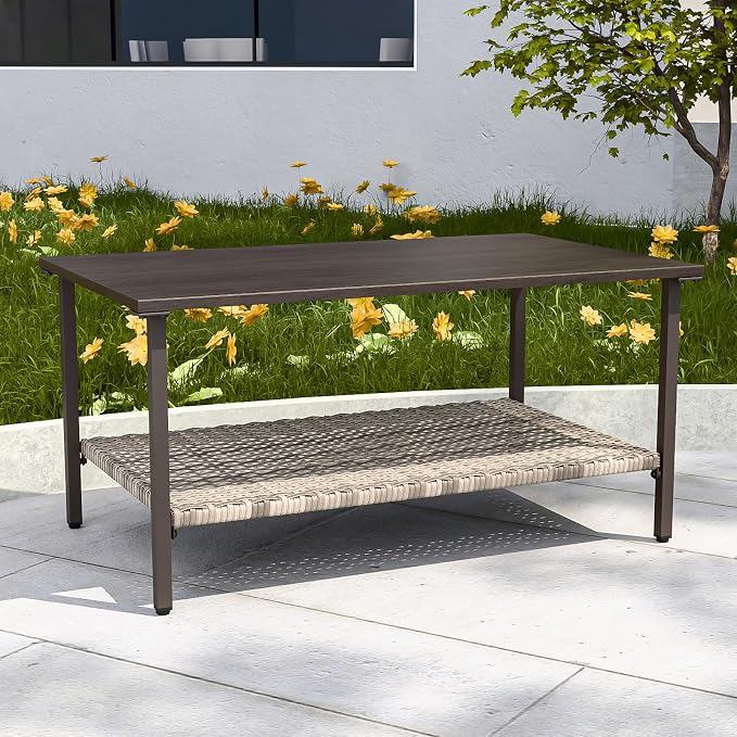 COOS BAY Aurora Terrace Outdoor Coffee Table, 2 Tier Metal Patio Table with Storage, Wood Grain Top Garden Side Table, All Weather Wicker Furniture