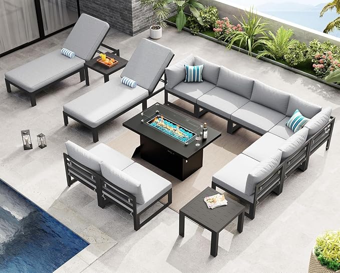NICESOUL 13 Pcs Large Modern Aluminum Outdoor Sofa with Lounger & Fire Pit Table, 29" Deep Seat, 500 lbs Durable Sectional Set for Heavy People, All Weather Patio Furniture Set for Garden,Light Gray