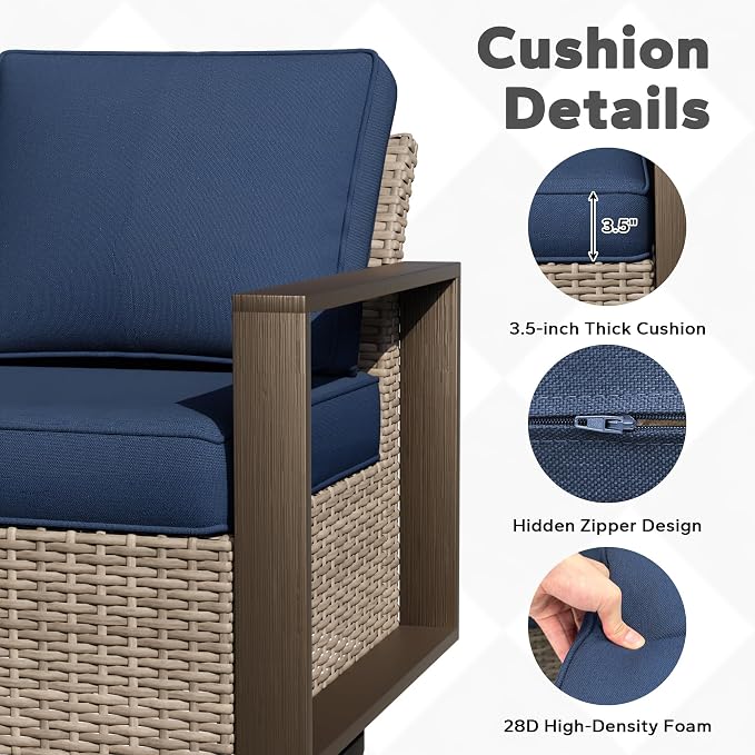 Outdoor Patio Swivel Rocker Chairs, 8 Pieces Wicker Furniture Set, 4 Swivel Rocking Chairs, 1 Sofa, 2 Ottoman and 1 Table, Wide Armrest, Thick Cushions and Deep Seating for Garden, Backyard, Porch