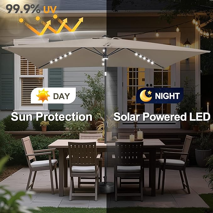 FLAME&SHADE 6.5 x 10 ft Rectangular Solar Powered Outdoor Market Patio Table Umbrella with LED Lights and Tilt, Taupe