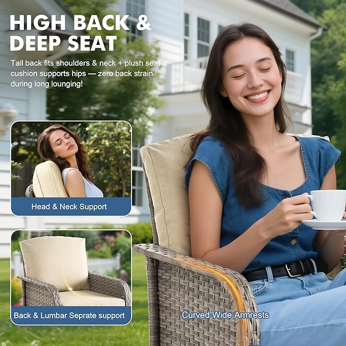 Weaxty Wicker Patio Furniture Set High Back Loveseat Sofa Couch Armchair Coffee Table, All Weather Rattan 4 Pieces Outdoor Conversation Sets for Patio Porch Deck Backyard Poolside, Beige