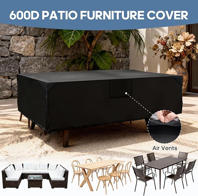 DUMOS Outdoor Furniture Cover, Rectangular Heavy Duty 600D UV Resistant & Waterproof Patio Furniture Covers for Deck Table and Chairs, Backyard Patio Dining Sets, 108"L x 82"W x 28"H, Black