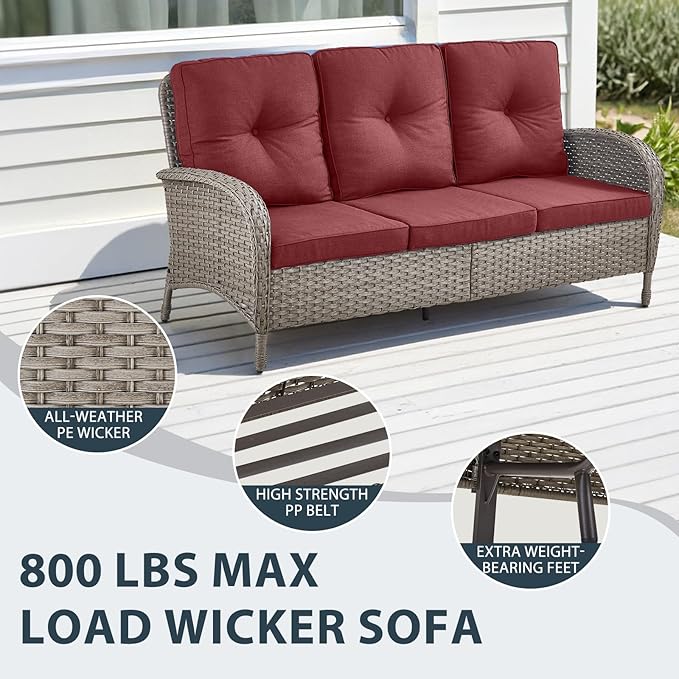 5 Piece Patio Furniture Set with Fire Pit Table - Wicker Patio Conversation Set with Swivel Glider, 3-Seat Sofa, Tempered Glass Side Table for Deck Backyard - Grey Wicker Red Cushion