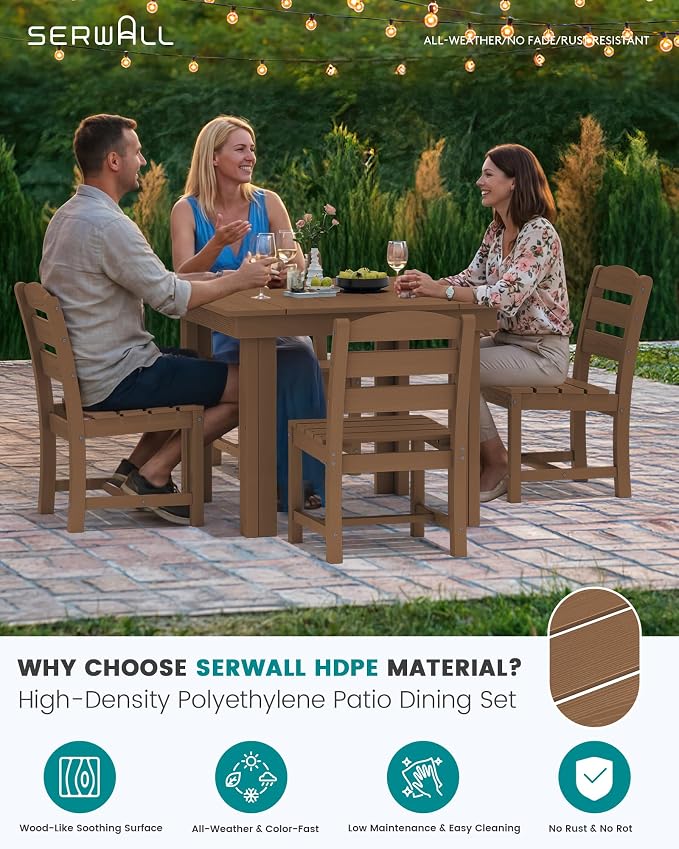 SERWALL HDPE Outdoor Square Dining Set for 4 | with Armless Chair Seat