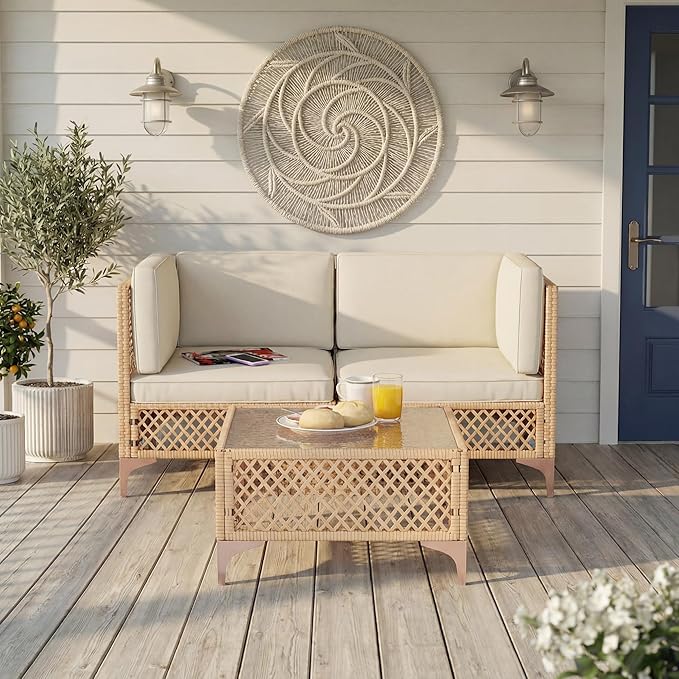 ENSTVER 3-Piece Outdoor Patio Furniture Set, Value Lightweight Boho Outdoor Sectional with Handwoven Wicker & Easy Assembly, Durable Outdoor Sofa for Small Patio, Balcony（Champagne）