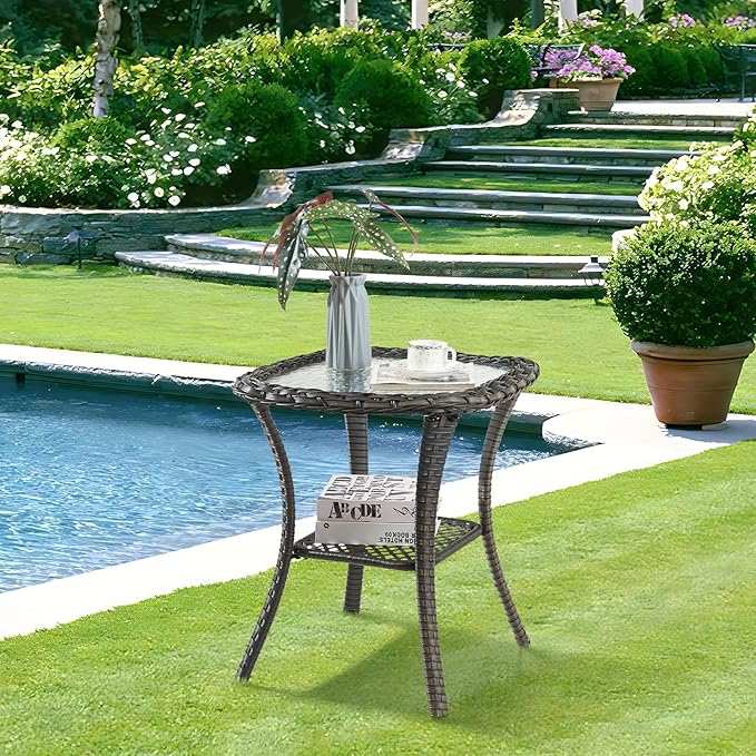 Patio Furniture Set 2 Wicker Patio Chairs with PE Rattan Side Table Set Brown Wicker Grey Cushions Patio Conversation Set 3pcs for Garden Balcony Sunroom Backyard Deck Porch