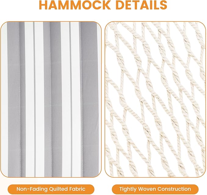 Lazy Daze Hammocks Rope Hammock with Pad, Spreader Bar, Carabiners, Tree Straps, Chains for Outside Patio- Max 450 Lbs, Light Grey Stripes