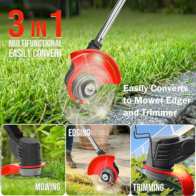 Cordless Weed Wacker, 21V Battery Powered Weed Eater with 2X 2.0Ah Batteries and Charger, Metal Blade Electric Weed Wacke, 3-in-1 Stringless Grass Trimmer Lawn Edger Brush Cutter for Garden Yard
