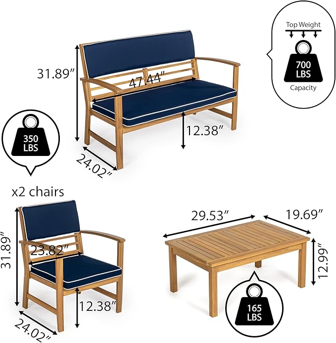 JONATHAN Y LVG1000C-4SET Barclay 4-Piece Modern Coastal Acacia Wood Conversation Outdoor Patio Set with Cushions Transitional, Classic, Traditional, Vintage, Mid-Century, Navy/Teak Brown