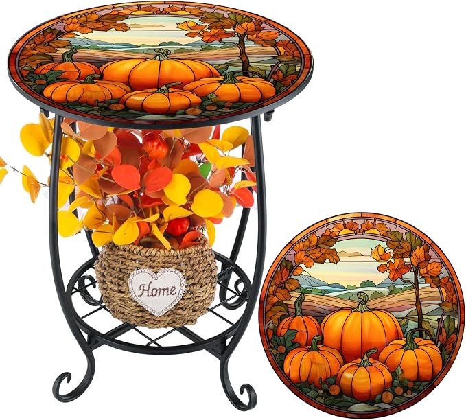 Cinnvoice Outdoor Side Table Round Small Mosaic Patio Accent Indoor End Plant Coffee Tea Table for Yard Patio Porch Garden Living Room, Bedroom(Pumpkin Style,14 Inch)