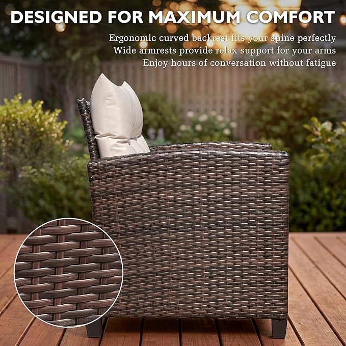 Greesum 4-Piece Patio Furniture Set, Outdoor Wicker Conversation Set, All-Weather Patio Sofa with Coffee Table and Cushions, for Garden, Deck, Porch, Backyard, Beige