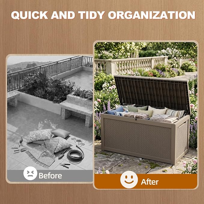 EFU Outdoor Storage Box 320 Gallon Deck Box (Indoor & Outdoor) Lockable UV Resistance Waterproof Resin Storage Bin Storage Box for Outdoor,Patio Storage With Support Rod(Taupe)