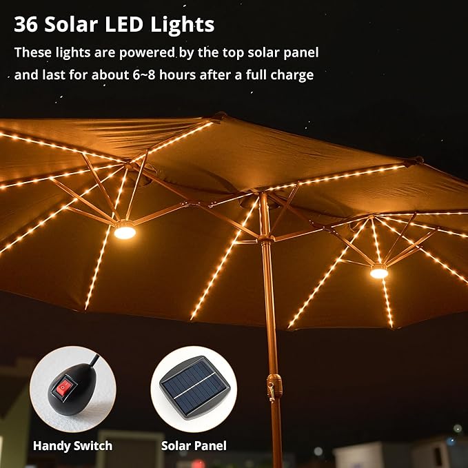 15ft Large Patio Umbrellas with Base & Solar Lights,Outdoor Rectangle Double-Sided Market Umbrella with Stand & 38 LED Lights,Outside Umbrellas for Poolside Deck Backyard (Beige/Tan)