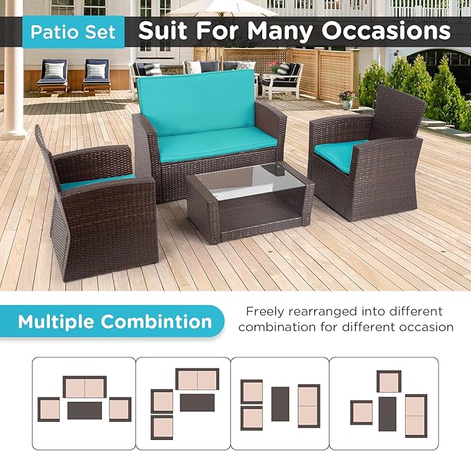 FDW 4 Piece Patio Furniture Sets, Wicker Conversation Set 4 All-Weather Outdoor Sectional Patio Sofa for Porch Deck with Blue Cushion Brown Rattan Sofa Chair