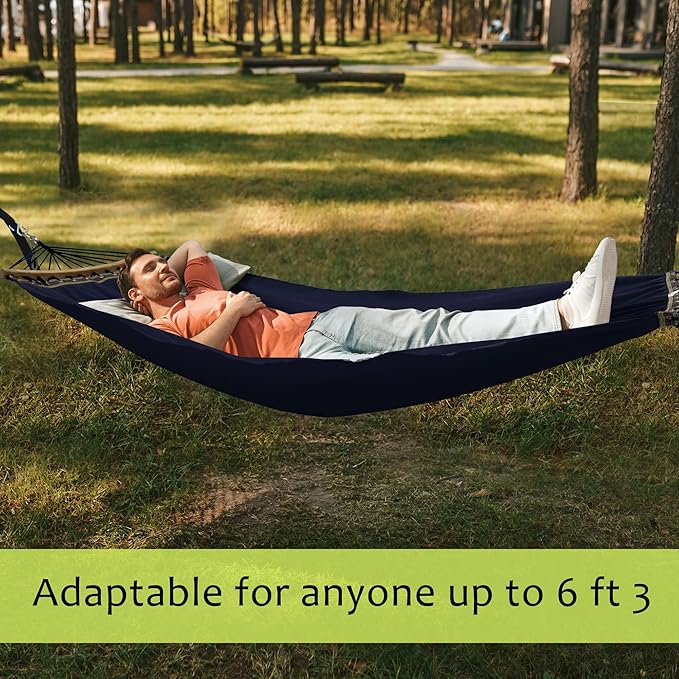 Tranquillo Double Hammock 2 Persons Cotton Canvas 600 lbs Portable Camping Hammock with Solid Curved Wood Spreader Bar Hammock for Camping Trave Outdoor Adventures Indoor Patio Garden, Navy